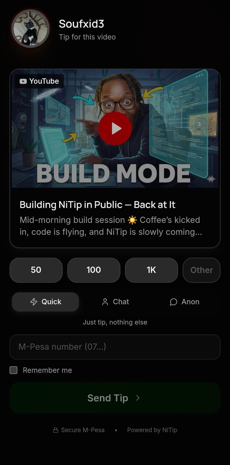VidTip support page with a linked YouTube video and M-Pesa tip form.
