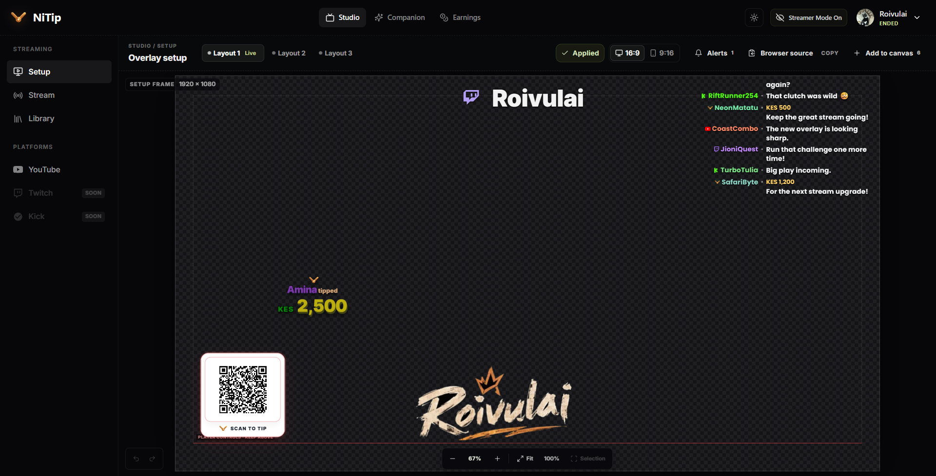 NiTip Studio canvas with QR, alerts, chat and custom graphics